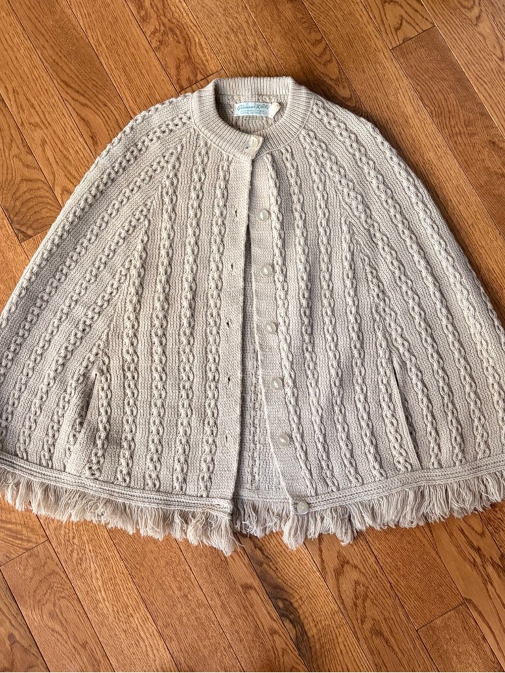 Vintage 1960’s Tan Cable-Knit Fringe Button-Up Women's Sweater Cape